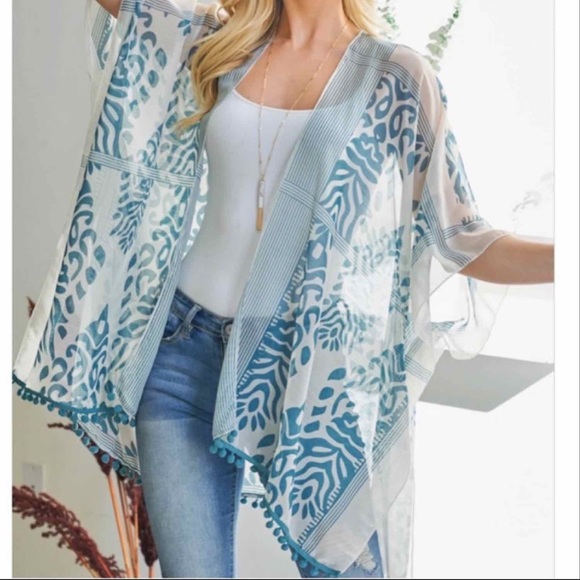 BOHO TEAL BLUE PRINT KIMONO/ COVER UP WITH POM POM DETAILING - Picture 2 of 10